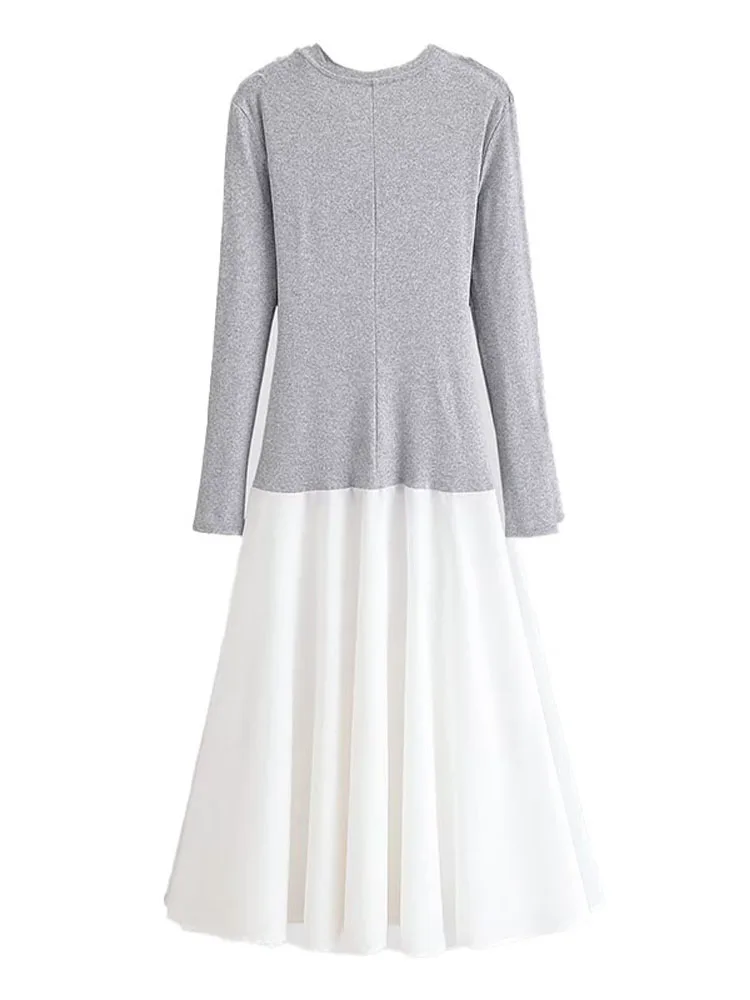 Robe longue polyvalente à manches longues pour femme, col rond, patchwork, nœud, style décontracté et urbain, collection Printemps HH