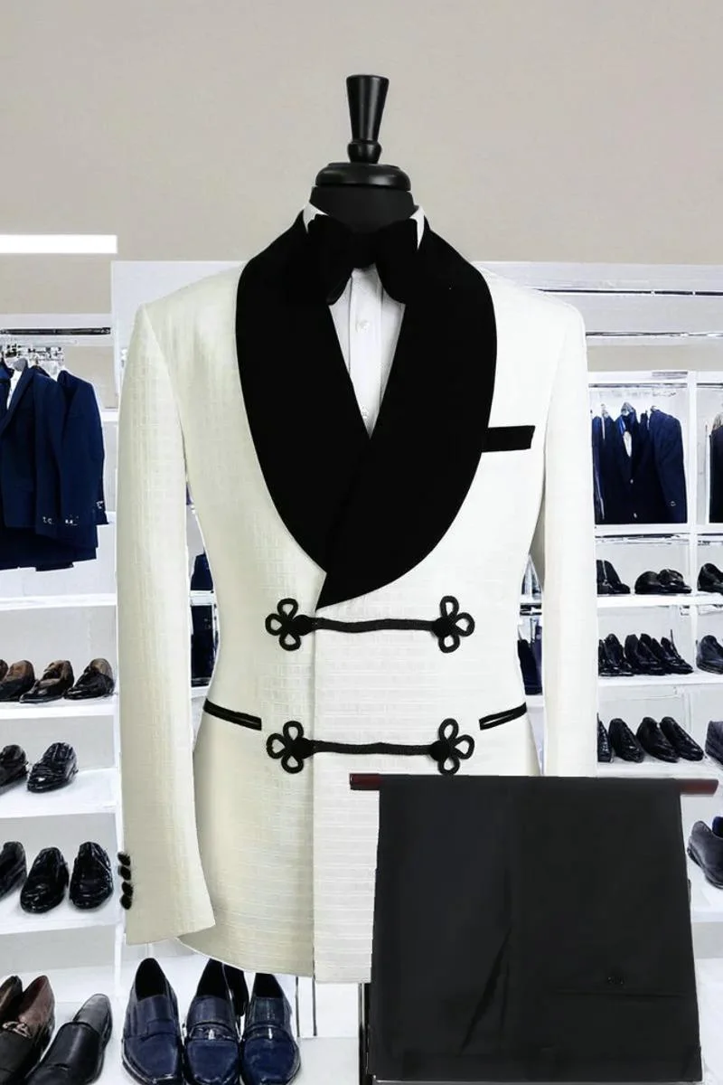 

Double Breasted White Plaid Shawl Lapel Groom Tuxedos Groomsmen Best Man Costume Mens Wedding Suits Bridegroom (Jacket+Pant)