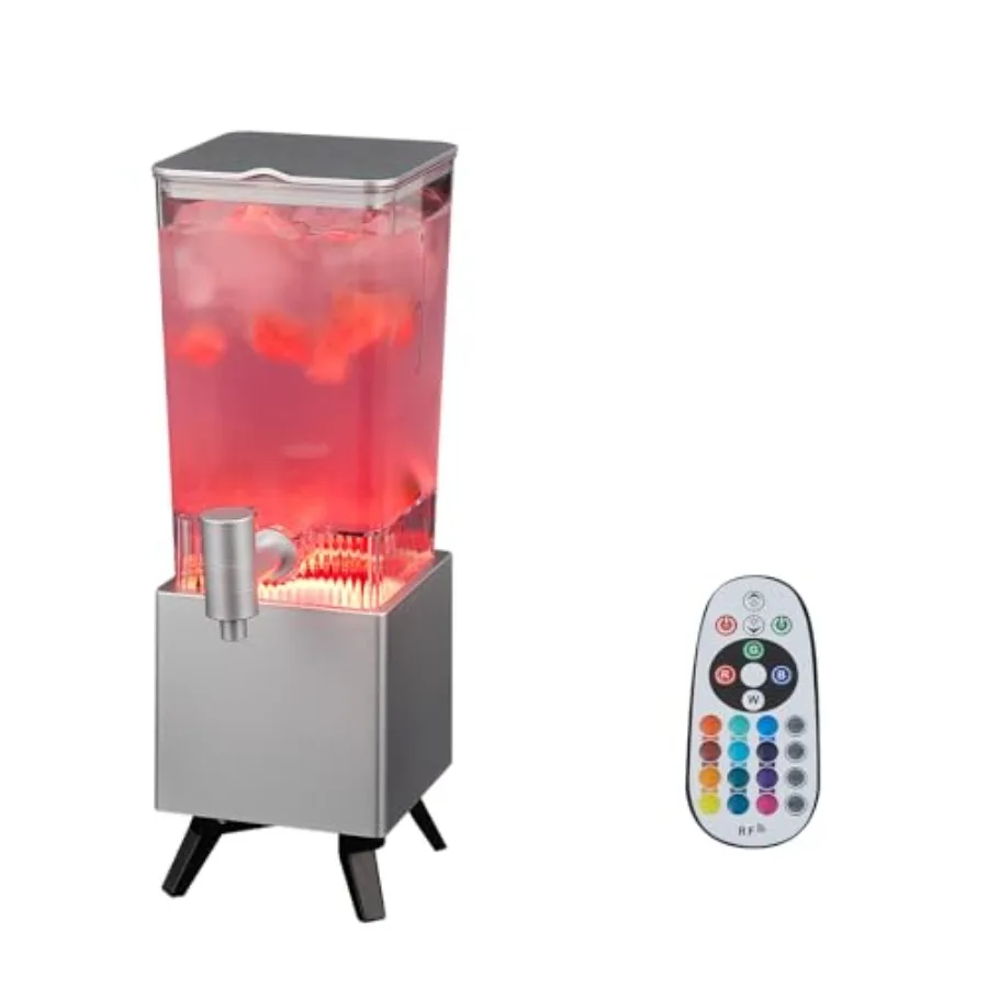 

LED Drink Dispenser Chrome 2L for Parties with Ice Tube and LED Light Beverage Container with Stand for Beer Juice Mimosa Soda