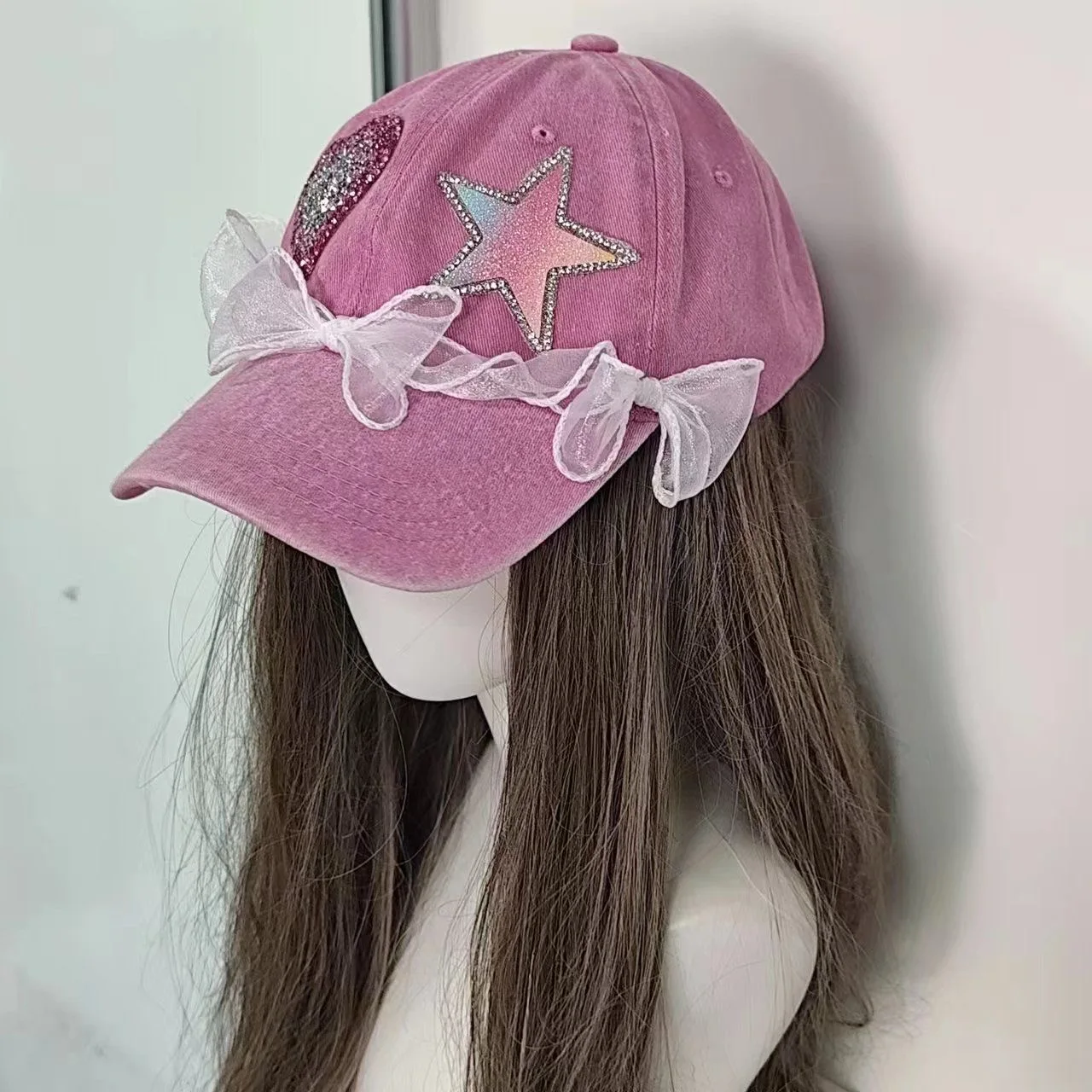 Ins estilo retro arco strass ballet estilo boné verão lolita y2k renda tempero menina lavado boné de beisebol