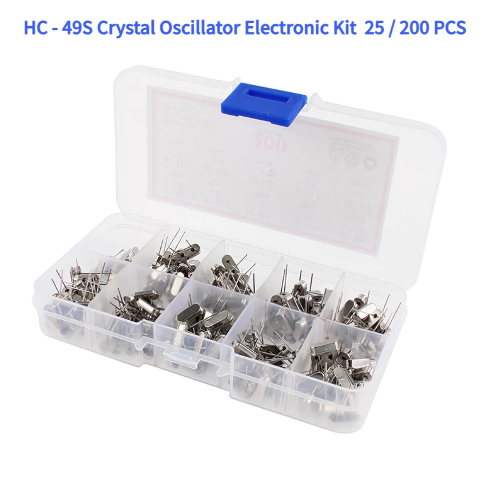 25/200PCS HC-49S Crystal Oscillator Kit - 7 / 10 Types of Ceramic and Quartz Resonators, Including 32.768Mhz DIP Oscillators