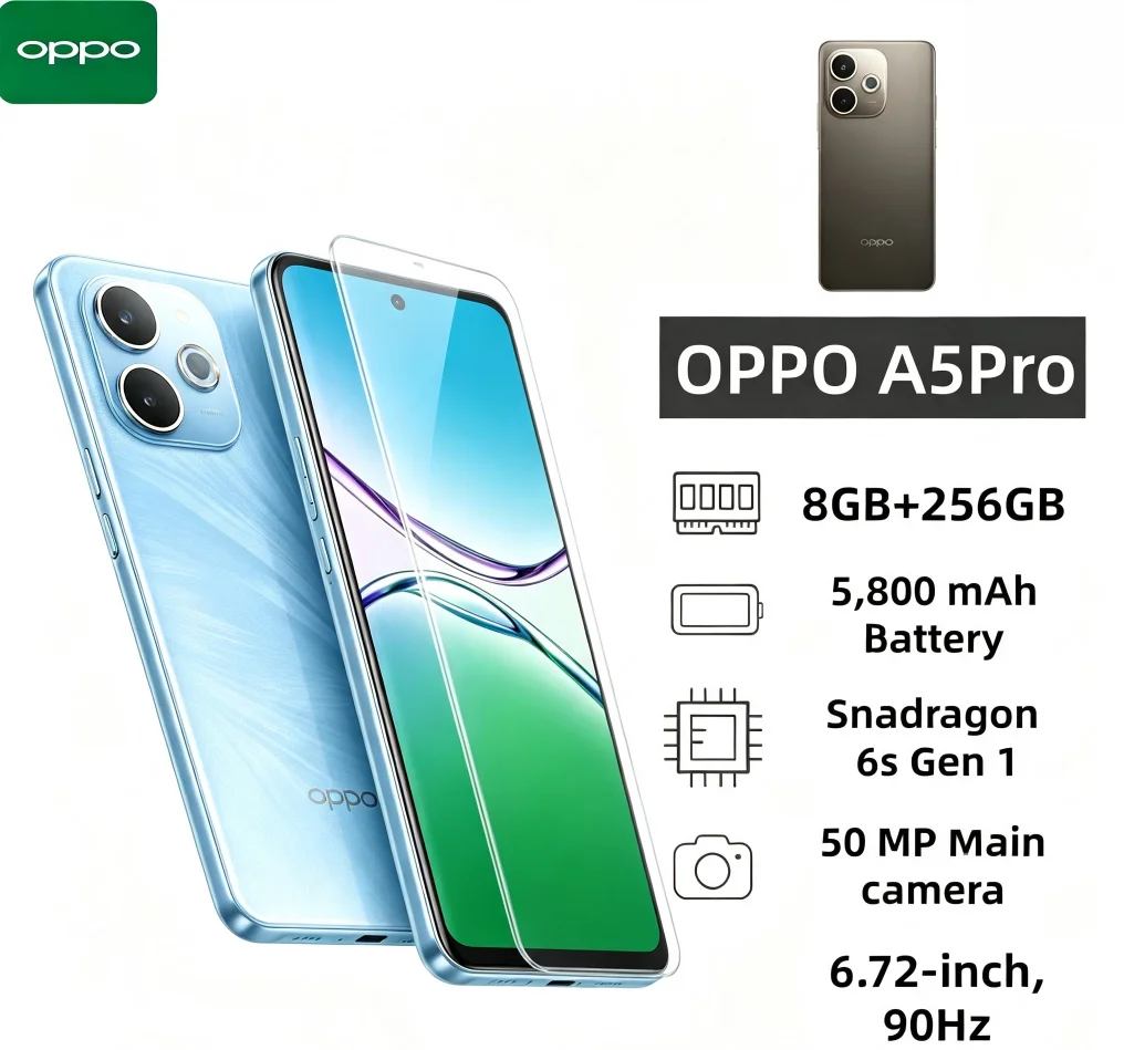 2026 Official Original OPPO A5Pro Mobile Phone 8GB+256GB Dual SIM Unlocked Smartphone 6.5 Inch HD+ Waterdrop Display Helio P35