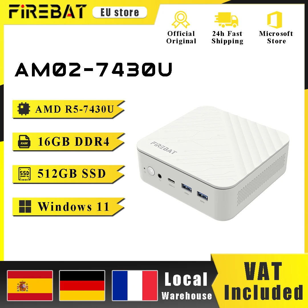 FIREBAT AM02 MINI PC AMD Ryzen 5 7430U Windows 11 Mini PC 16GB DDR4 3200MHz 512GB SSD Wifi 6 BT5.2 HDMI 2.1 Computer desktop