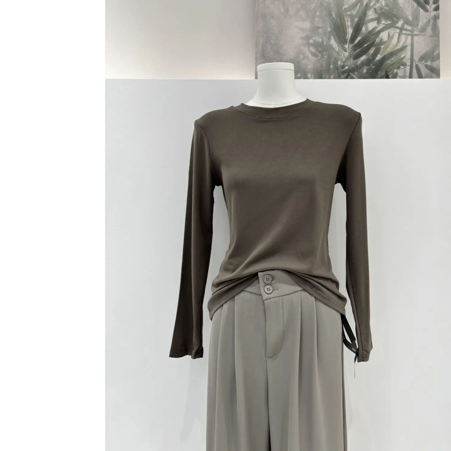 Mocha Color Long Sleeve round Neck Base Shirt Women's Slim Fit Pure Color Simple Slimming Top for Autumn Winter New Style
