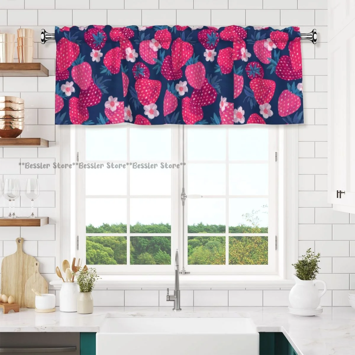 Pink Strawberry And Flowers Valance Curtains Blackout Window Treatment For Kitchen Living Room Bedroom Home Decoration