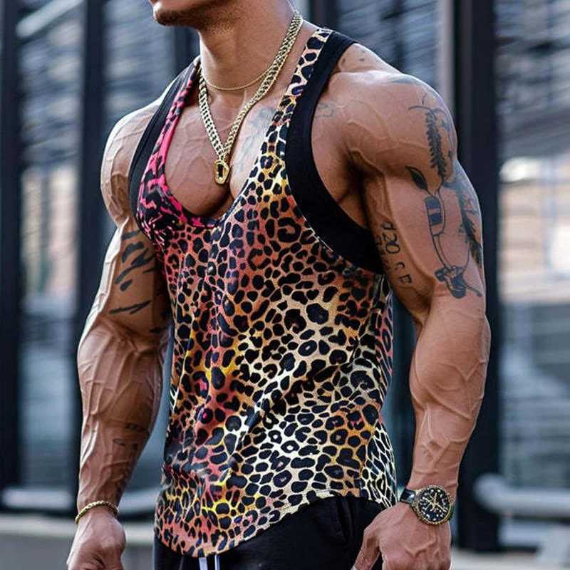 

Sexy Leopard Printed Mens Vest Summer Fashion Deep Round Neck Sleeveless Straps Slim Tank Tops For Men Sports Fitness Camisoles