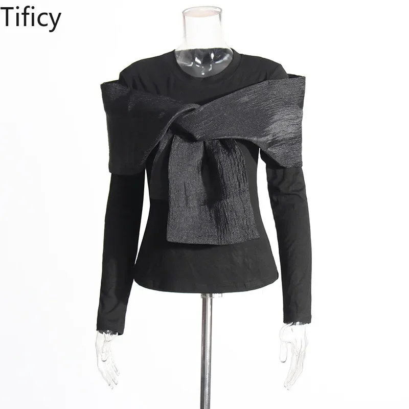 TIFICY High Street Women's Fashion Spring New Product Round Neck Long Sleeve Personalized Cross Bow Solid Color T-shirt Tops