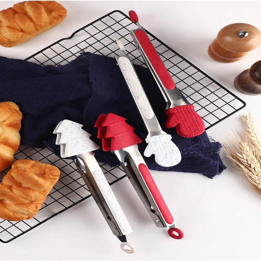 Silicone Food Clip Christmas Man Snowman Xmas Tree Baking Tongs Stainless Steel Bread Clamp Heat Resistant Barbecue Clip