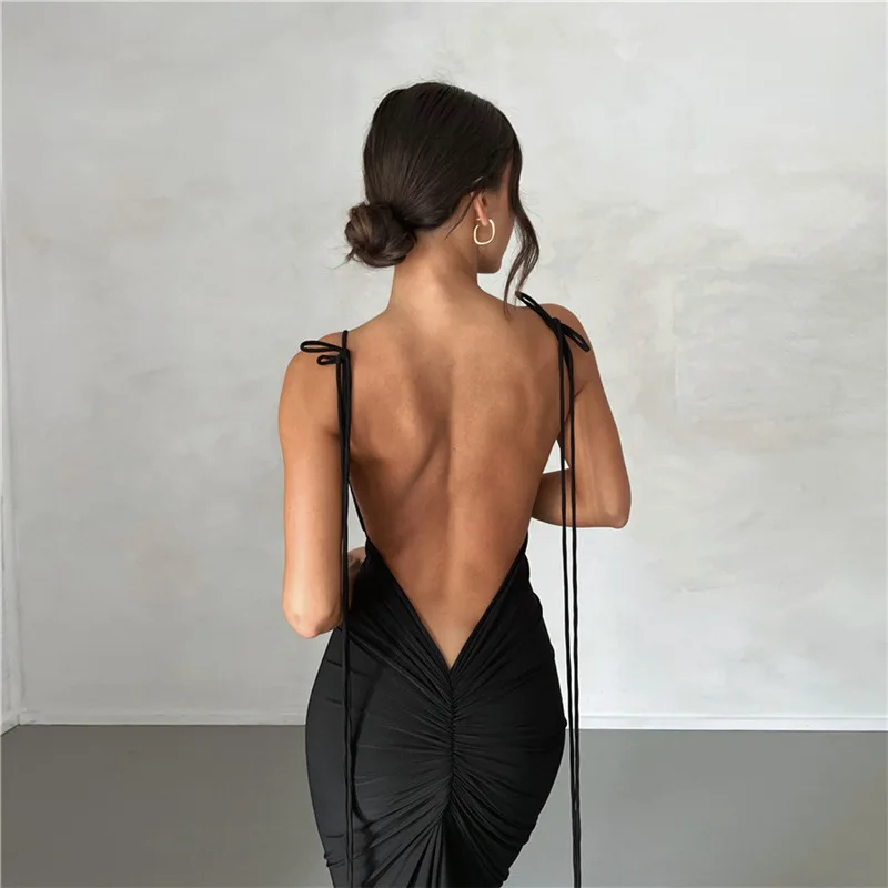 Y2k Elegant Deep Open Back Backless Slim Maxi Dress Women Spaghetti Strap Sleeveless Bodycon Long Dress Sexy Club Party Vestidos