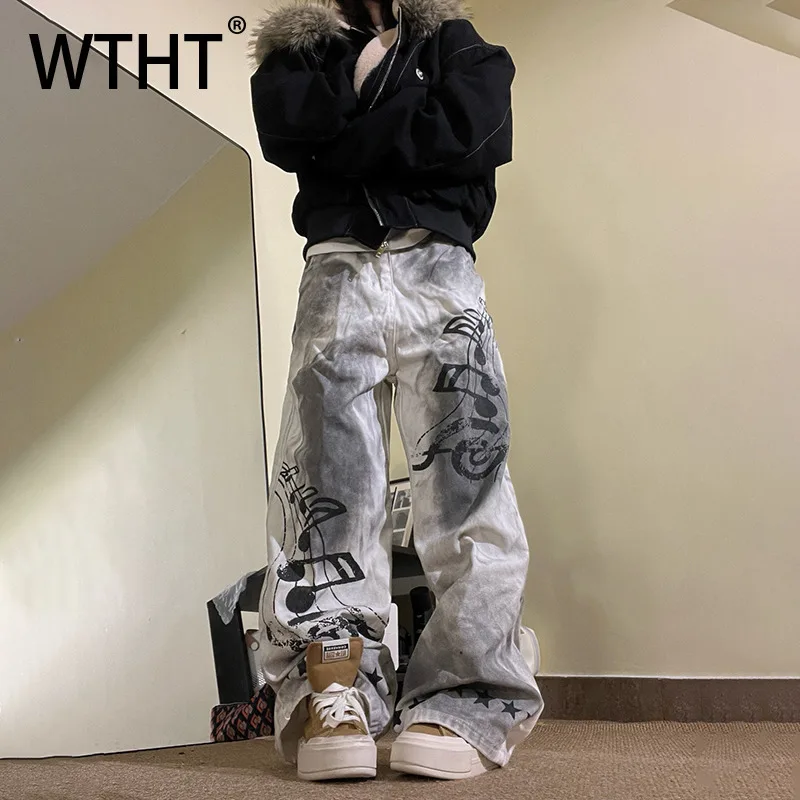 

Мужские джинсы WTHT в винтажном стиле с принтом граффити, эффектом старения, модные, весна 2026, широкие штанины, мужские, 2A2659