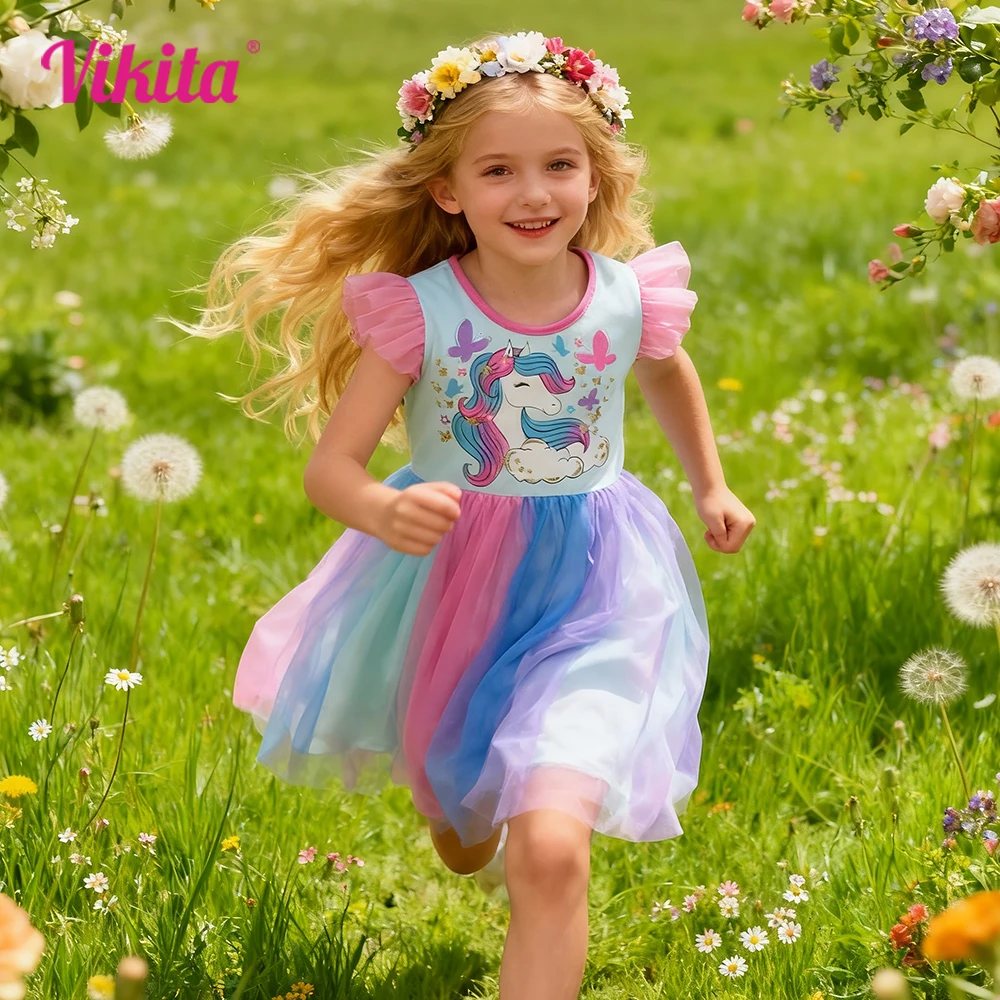 VIKITA Mädchen-Sommerkleid mit Schmetterlings-Einhorn-Cartoon-Print und ausgestellten Ärmeln, buntes blaues Mesh-Tüll-Party-Prinzessinnenkleid für Mädchen