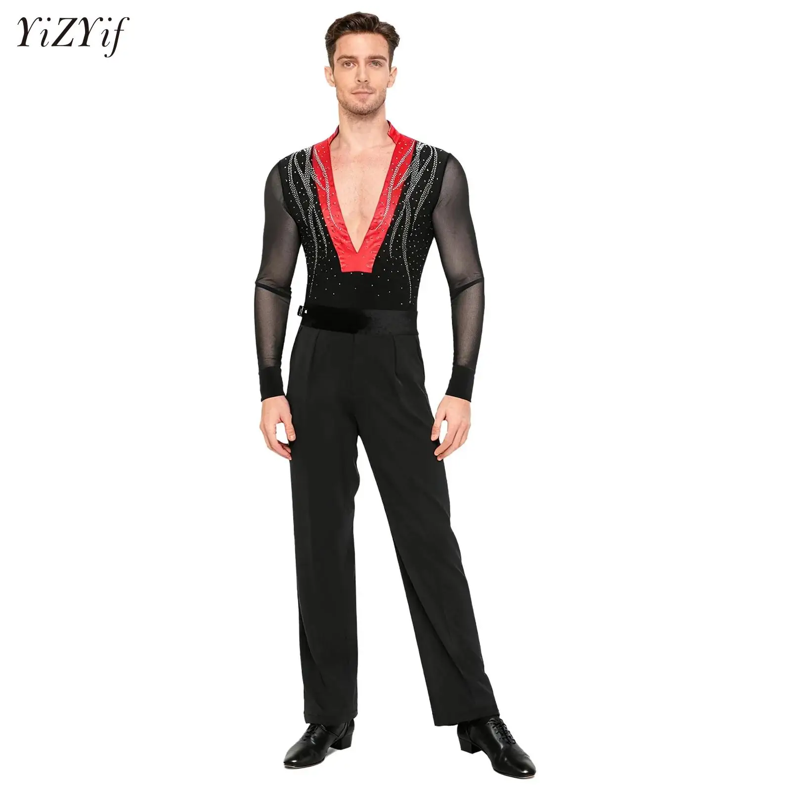Leotardo de baile latino para hombre, patinaje artístico, Ballet, baile de salón, traje de actuación de Tango, mono con diamantes de imitación brillantes, pantalones largos