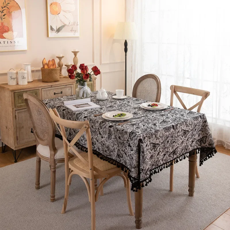 Jacquard Black and White Butterfly Pleated Ruffle Fringe Tablecloth Rectangular Coffee Table Tablecloth