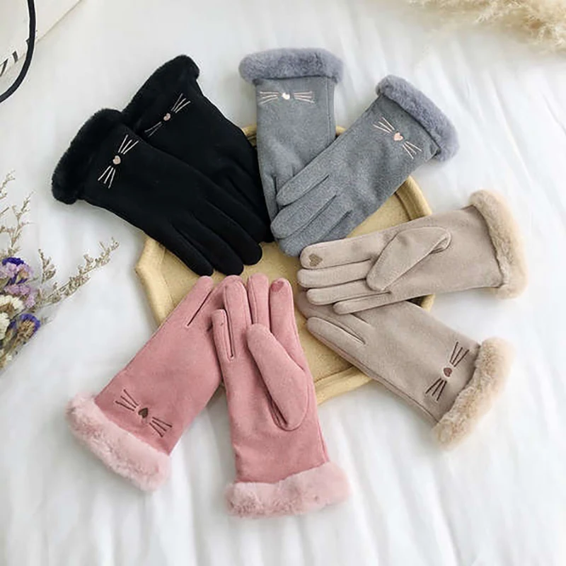 الخريف الشتاء الدافئة قفازات من جلد الغزال زائد المخملية سميكة أفخم ديكور الكفة قفازات في الهواء الطلق Coldproof لمس ركوب قفازات التزلج