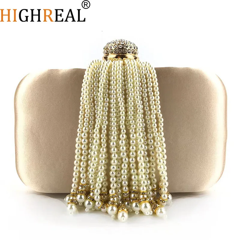 

Women Pearl Tassel Satin Evening Bag Wedding Prom Party Sweet Hand Bags Luxury Diamond Hasp Clutch Vinho Ladies Elegant Purses