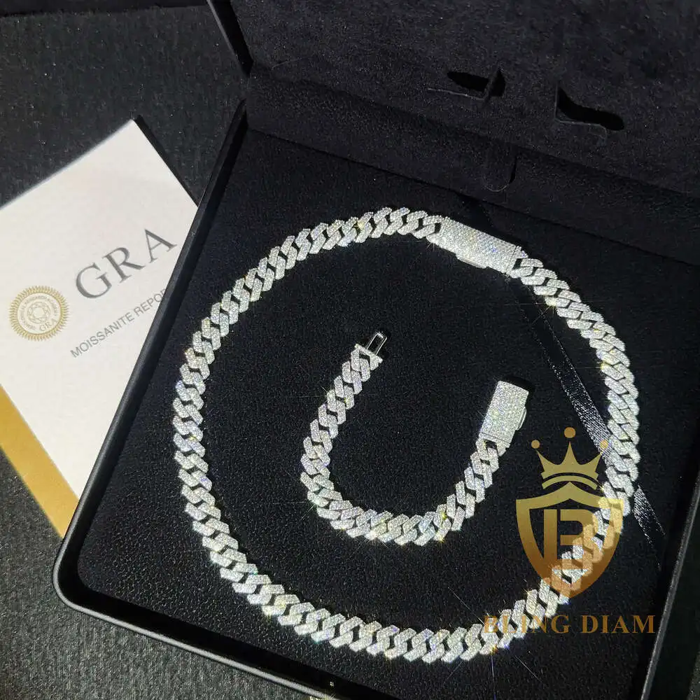 Ready to Ship 10mm Moissanite Cuban Llink Bracelet 925 Silver Classic Moissanite Diamond Cuban Chain Necklace Pass Diamond Test