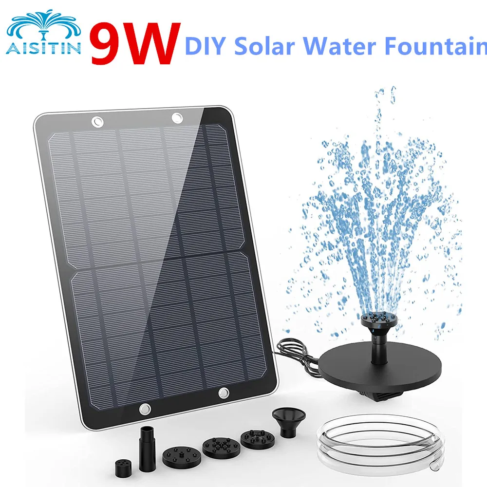 AISITIN Solar Fountion Pump 9W, DIY fontanna solarna do ogrodu, pompa solarna do oczko wodne z 4 dyszami do stawów