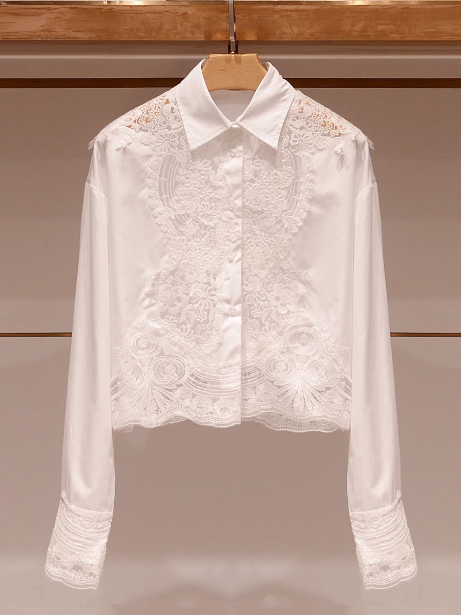 

Белая кружевная блузка для женщин, весна-лето, новый дизайн, элегантная, индивидуальная, в стиле знаменитостей, с длинным рукавом, дышащая, приятная к телу.