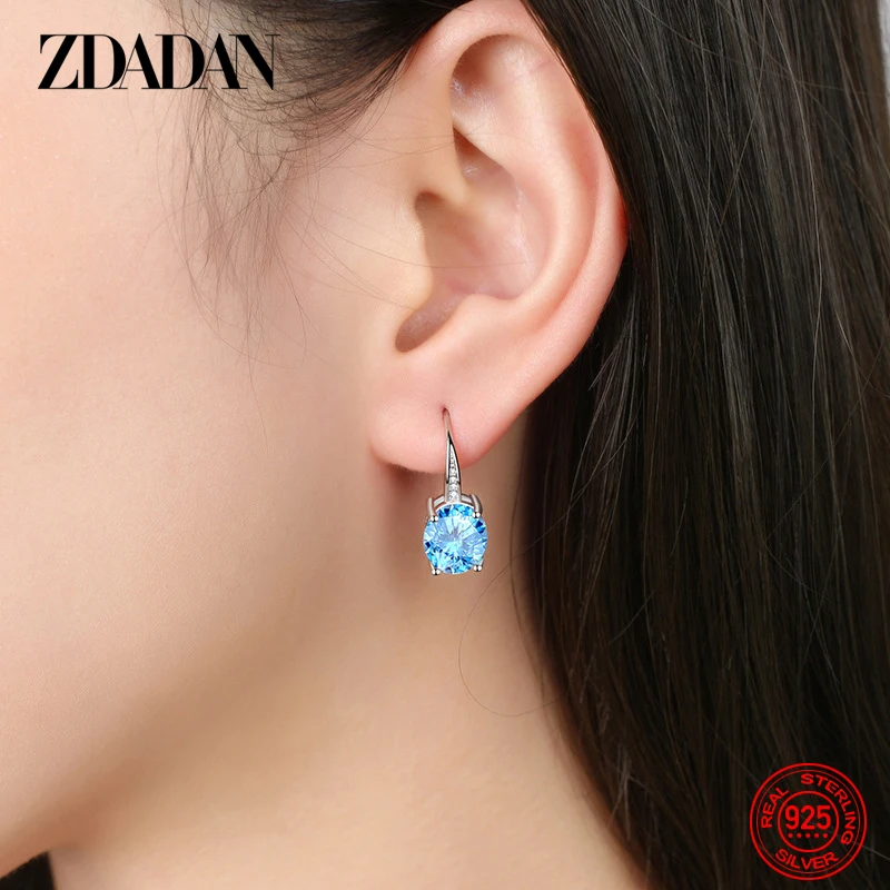 ZDADAN 925 Silver Blue Crystal Oval Drop Earrings For Women Fashion Jewelry