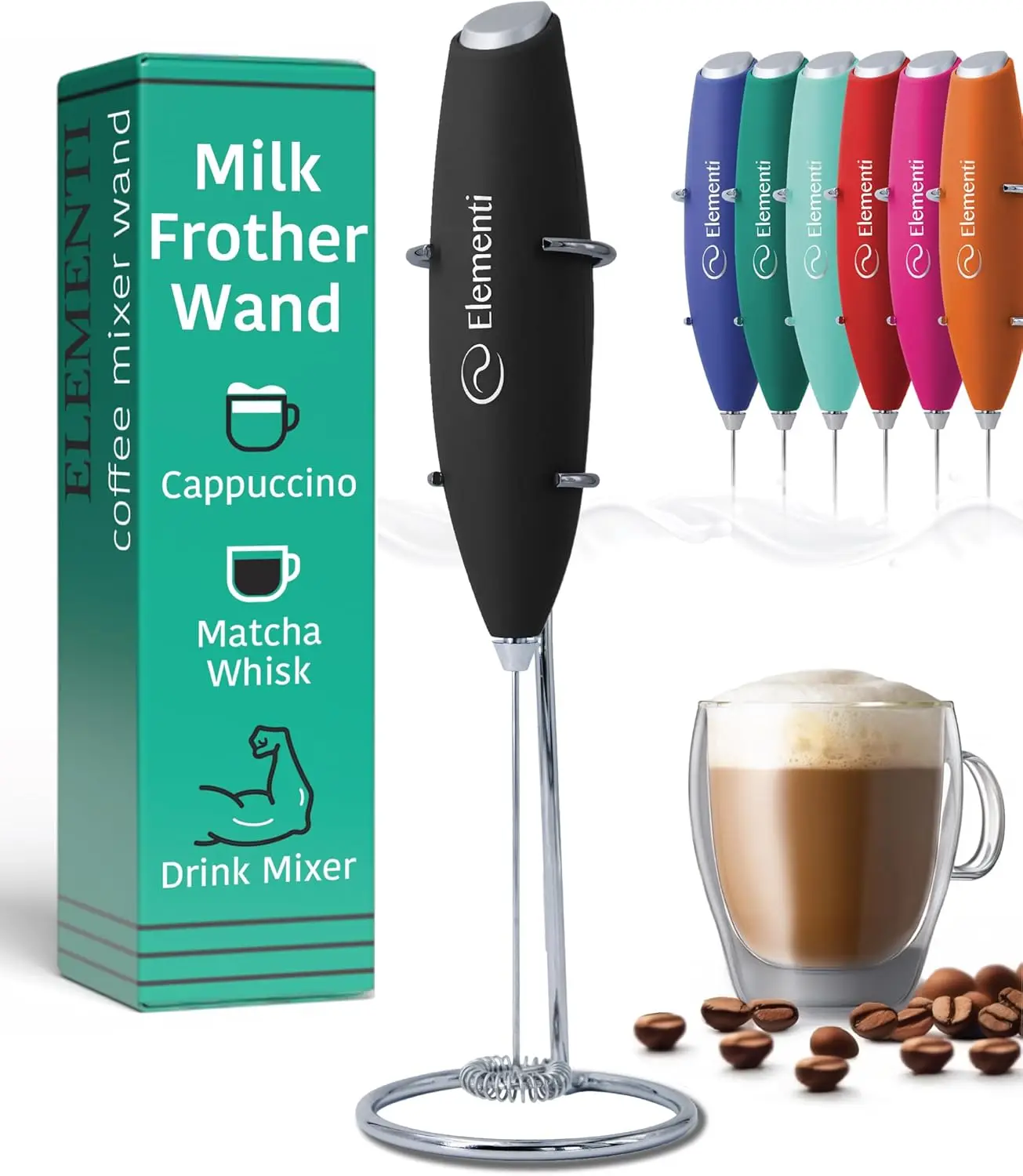Turbo Milk Frother Wand & Stirrer - Handheld Coffee Mixer for Lattes, Cappuccinos, Cold Foam (Black)