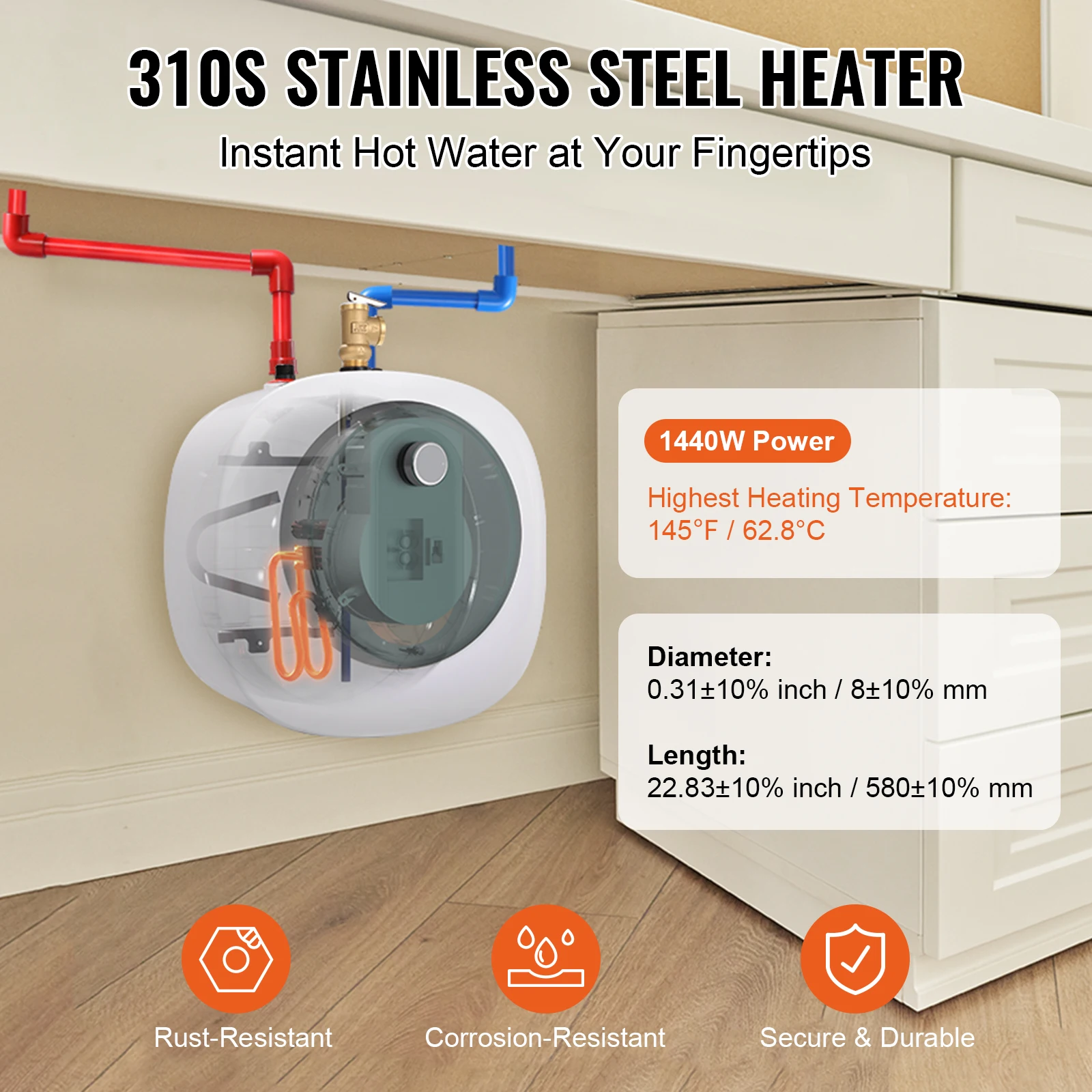 VEVOR-Mini chauffe-eau électrique précieux, bouillotte de 2.5 gallons, avec assujetde pression et de température, 1400W