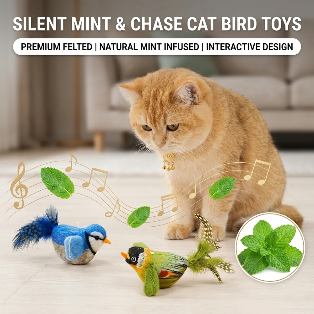 3pcs Indoor Interactive Birds Toy for Cat Chasing Teasing Sounding Catnip Cat Teaser Self-hilarity Wall Hanging Birds Pet Items