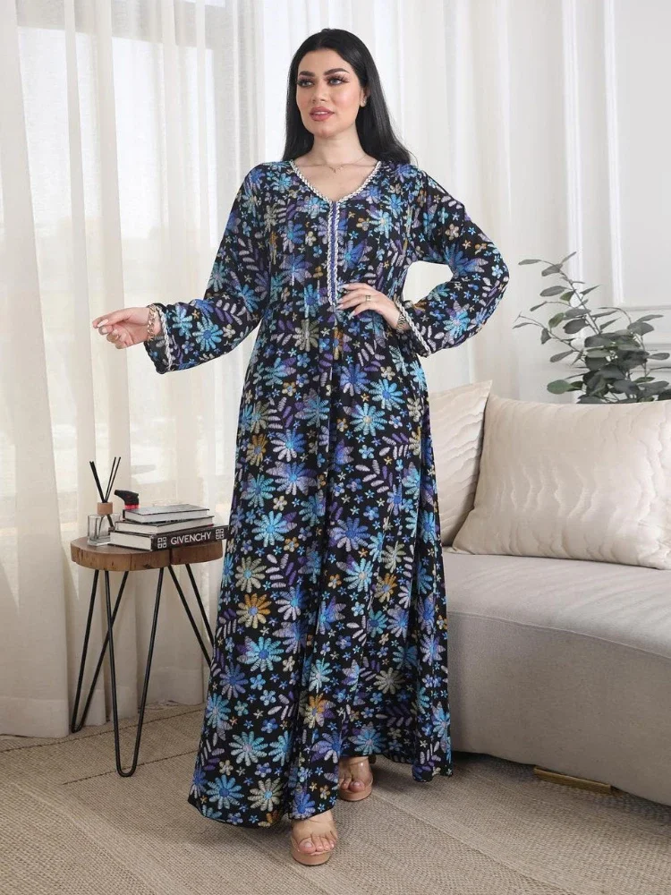 Vestido de Abaya musulmán Eid para mujer, estampado Floral, diamante, Jalabiya, Marruecos, Kaftan, Islam, túnica larga árabe, Dubai