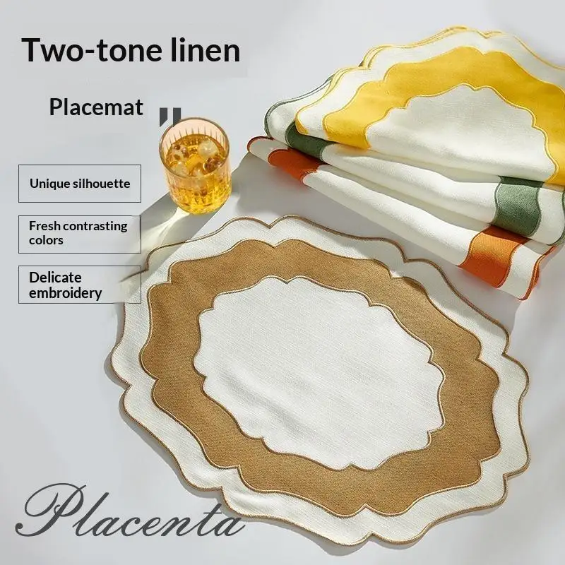 【F】Textured Scalloped Linen Placemat Machine Washable Wrinkle Free Dining Table Mat For Home Farmhouse Use