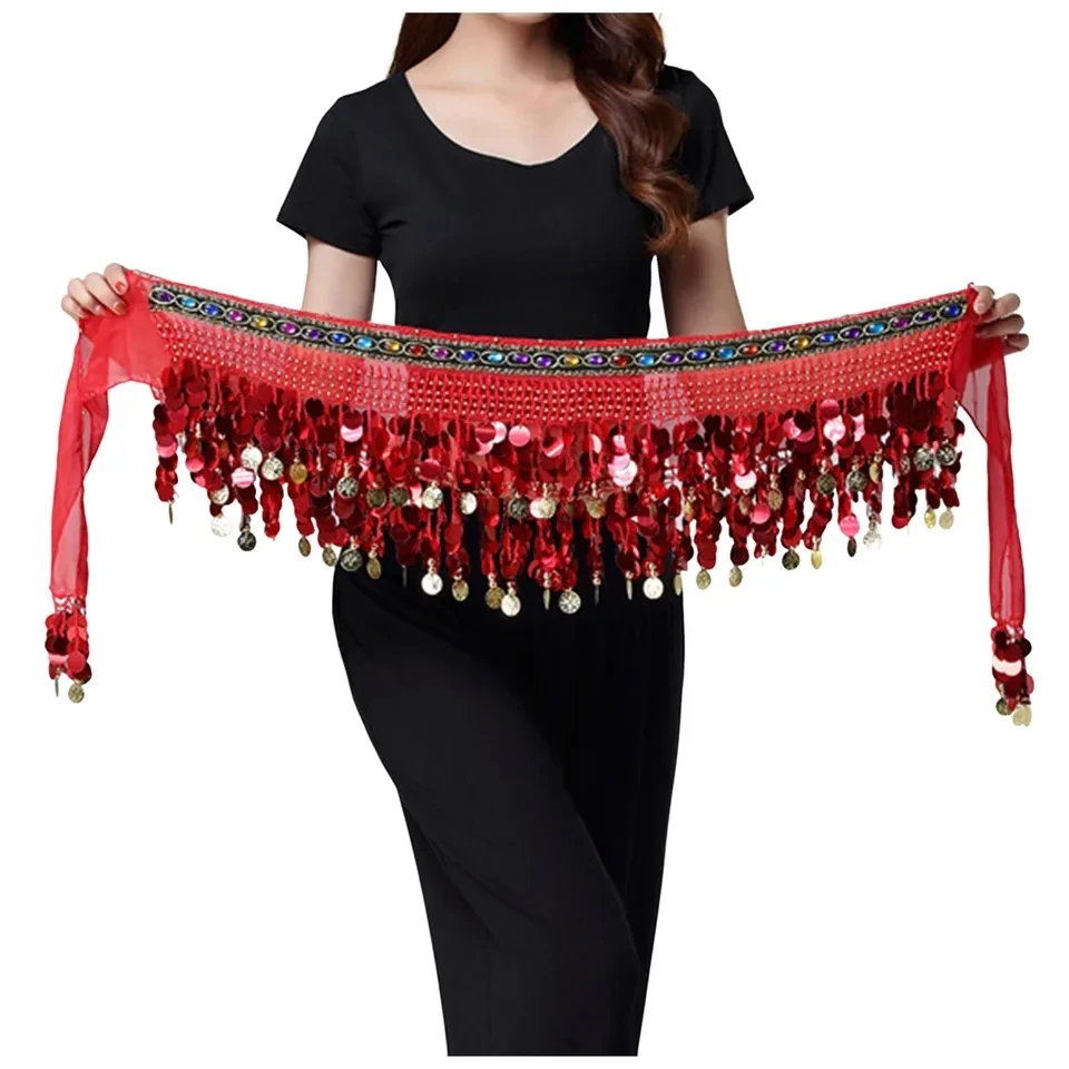 Women Belly Dance Skirt Scarf Wrap Belt Glitter Sequins Tassel Skirt Thailand/India/Arab Dancer Skirts Mini Skirt Costumes