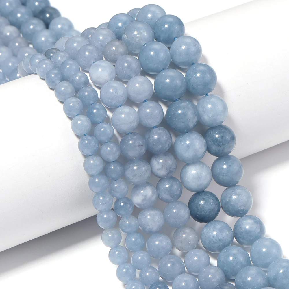 1 Strang 6/10mm optimierte blaue Angelit Natursteinperlen, runde lose Spacer-Perlen für DIY Armband- und Halsketten-Schmuckherstellung ﻿