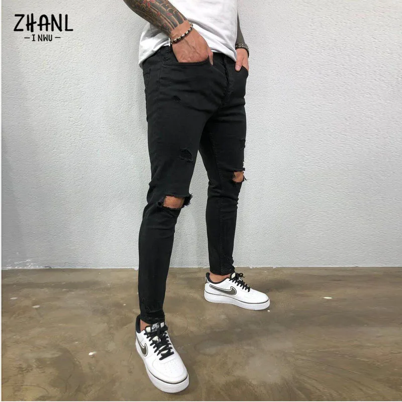 Streetwear Ripped Mens Skinny Pants Broken Man Jeans Joggers Fashion Black Casual Hip Hop Elastic Waist Cowboy Pants Men Clothes