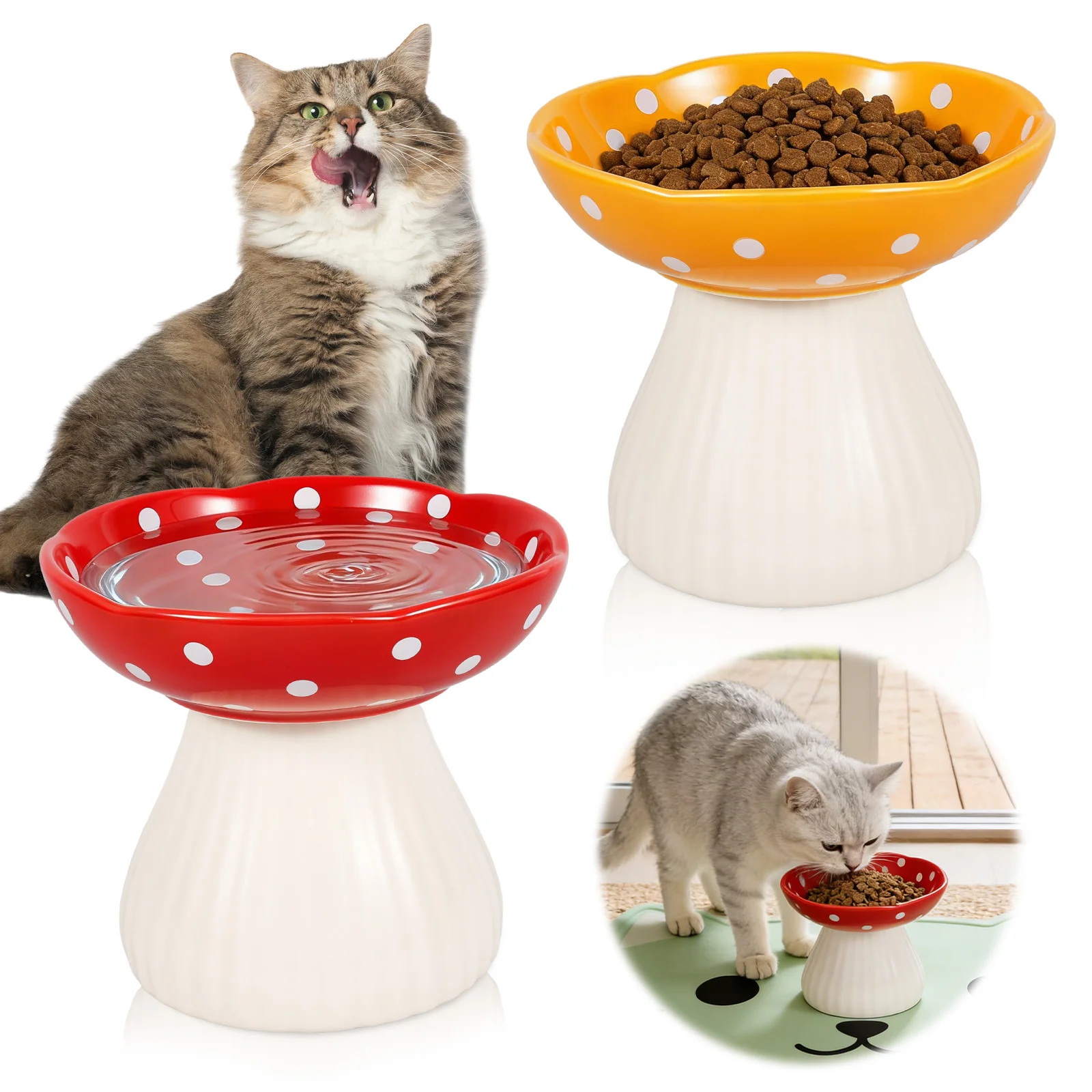 

Набор из 2 керамических мисок для кошек: милые миски-грибочки для кормления с нескользящим основанием, приподнятые миски для воды для домашних животных, товары для животных для использования в помещении и на улице