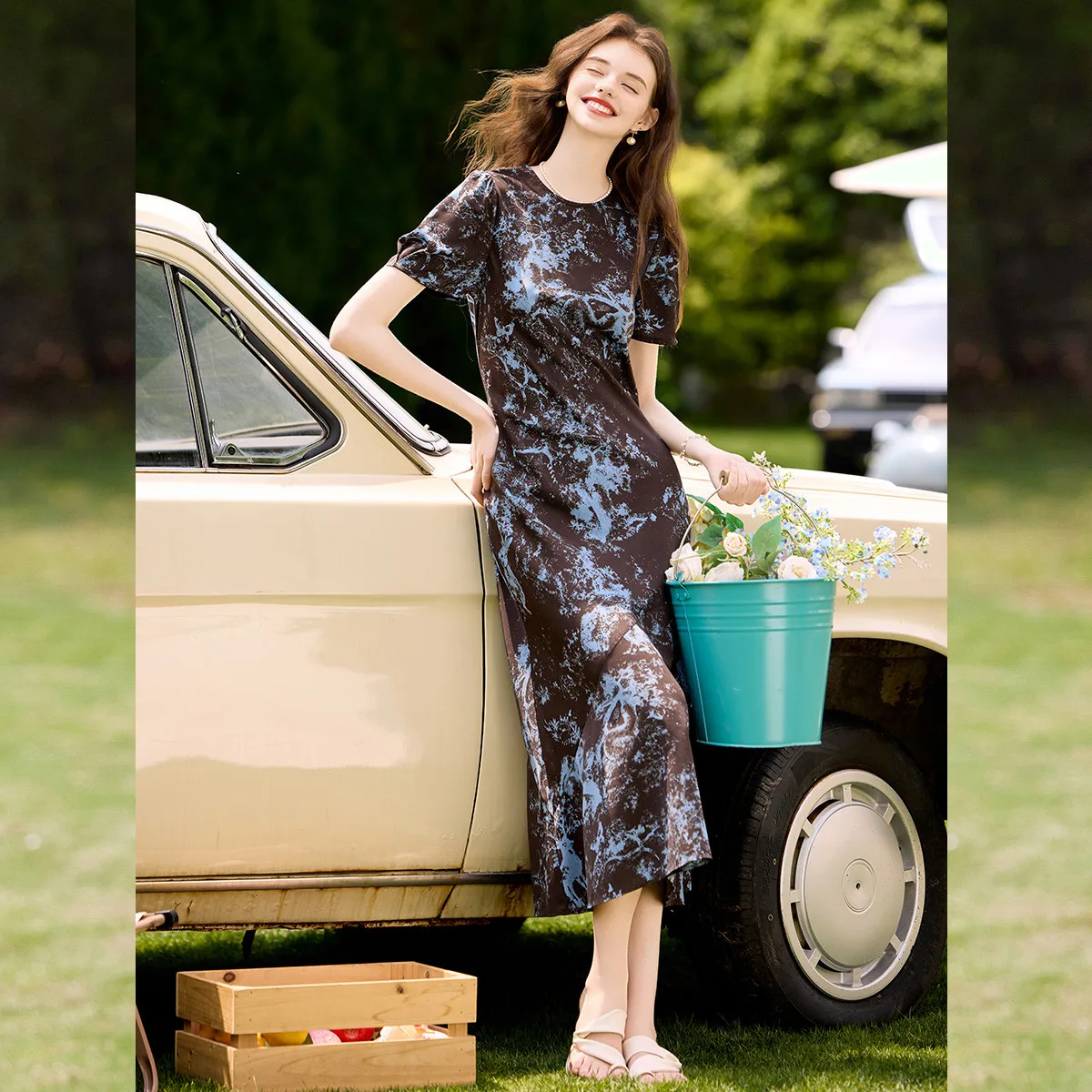 LOUIS YAO Color Blocking Floral Printed Dress 2025 Summer New Non Elastic Round Neck Short Sleeve A-line Long Women's Dress