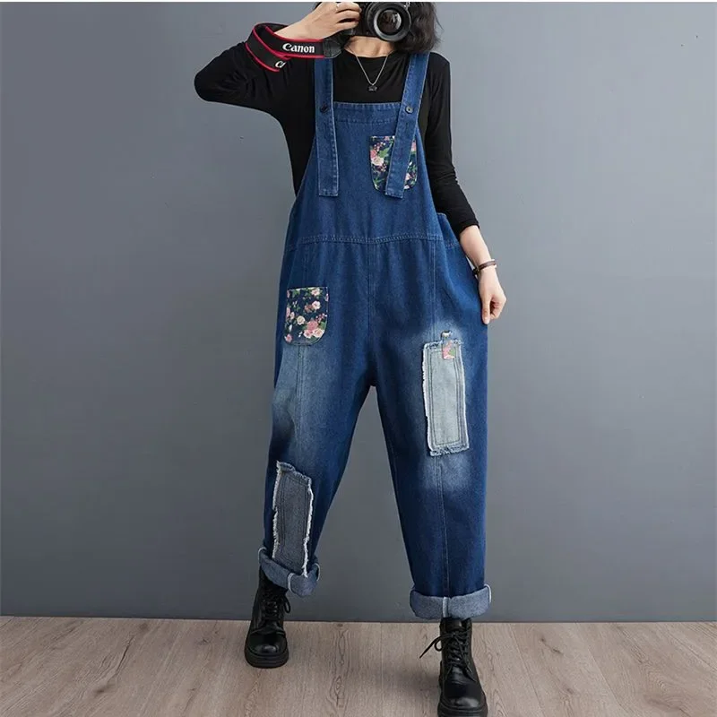 Vintage Design Denim Strap Pants spring Autumn Fashion Splicing Jumpsuit Literary Large Size Jeans For Women Overall Trousers