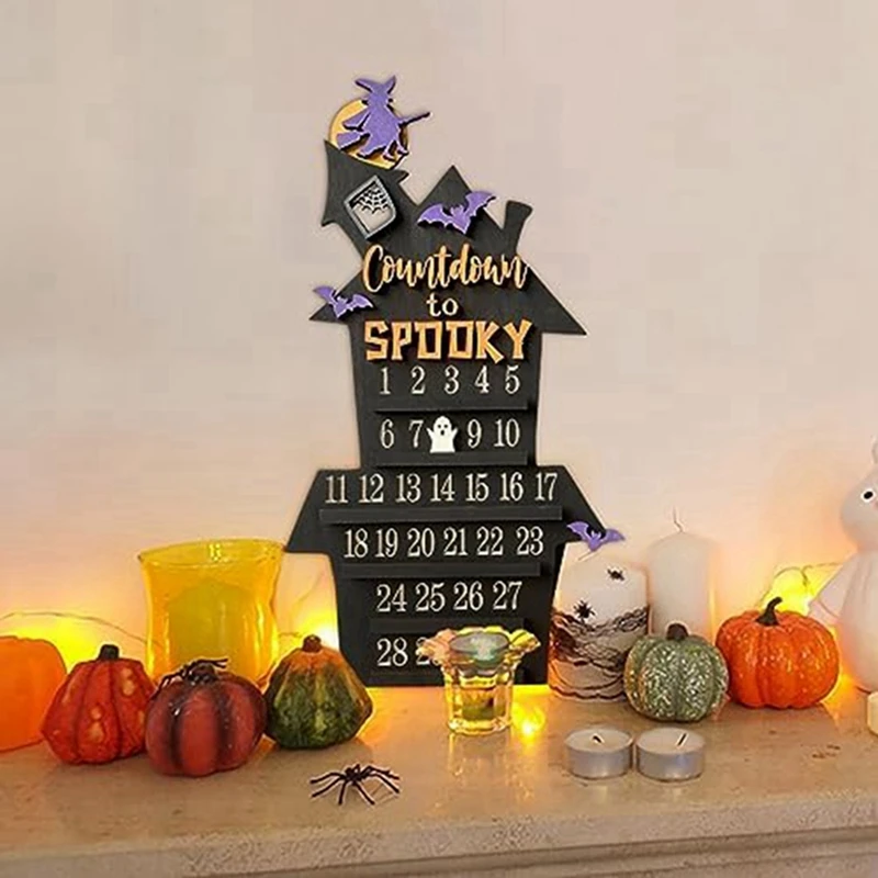 Halloween Countdown Calendar DIY Moving Wooden Block Calendar Black Wood Calendar Witches Halloween Home Decor Wall