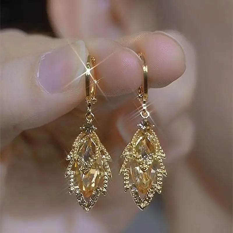 Brown Crystal Inlaid Zircon Leaf Pendant Earrings For Women Fashion Personalized Daily Accessories Party Jewelry Birthday Gifts