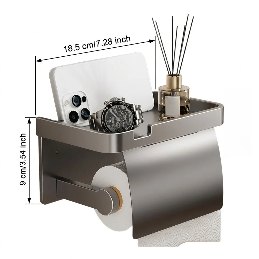 Aluminum Toilet Paper Holder with Recessed Shelf and Hinged Lid - Stick-on Installation for Tiles or Painted Walls 18.5x9x9cm