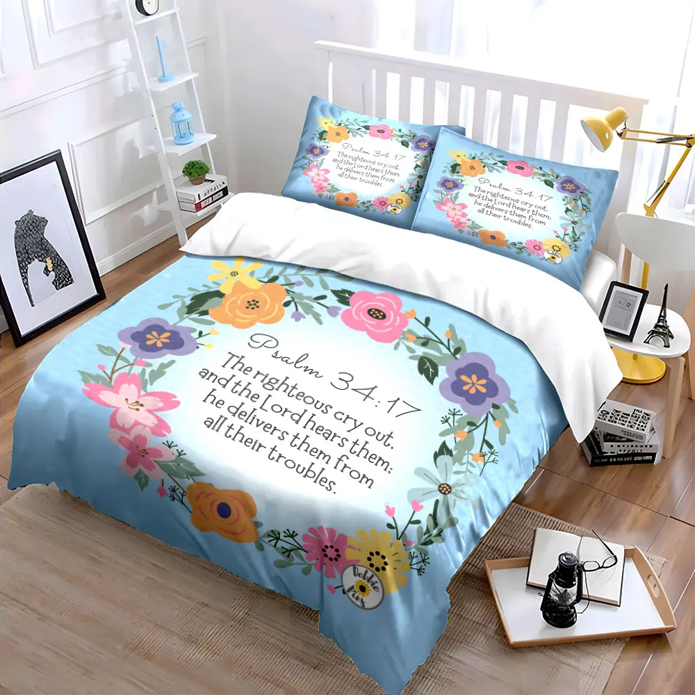 Inspirational Psalm Floral Design Set  kid's and adults' bedroom decor, Exquisite three-piece bedding set gift