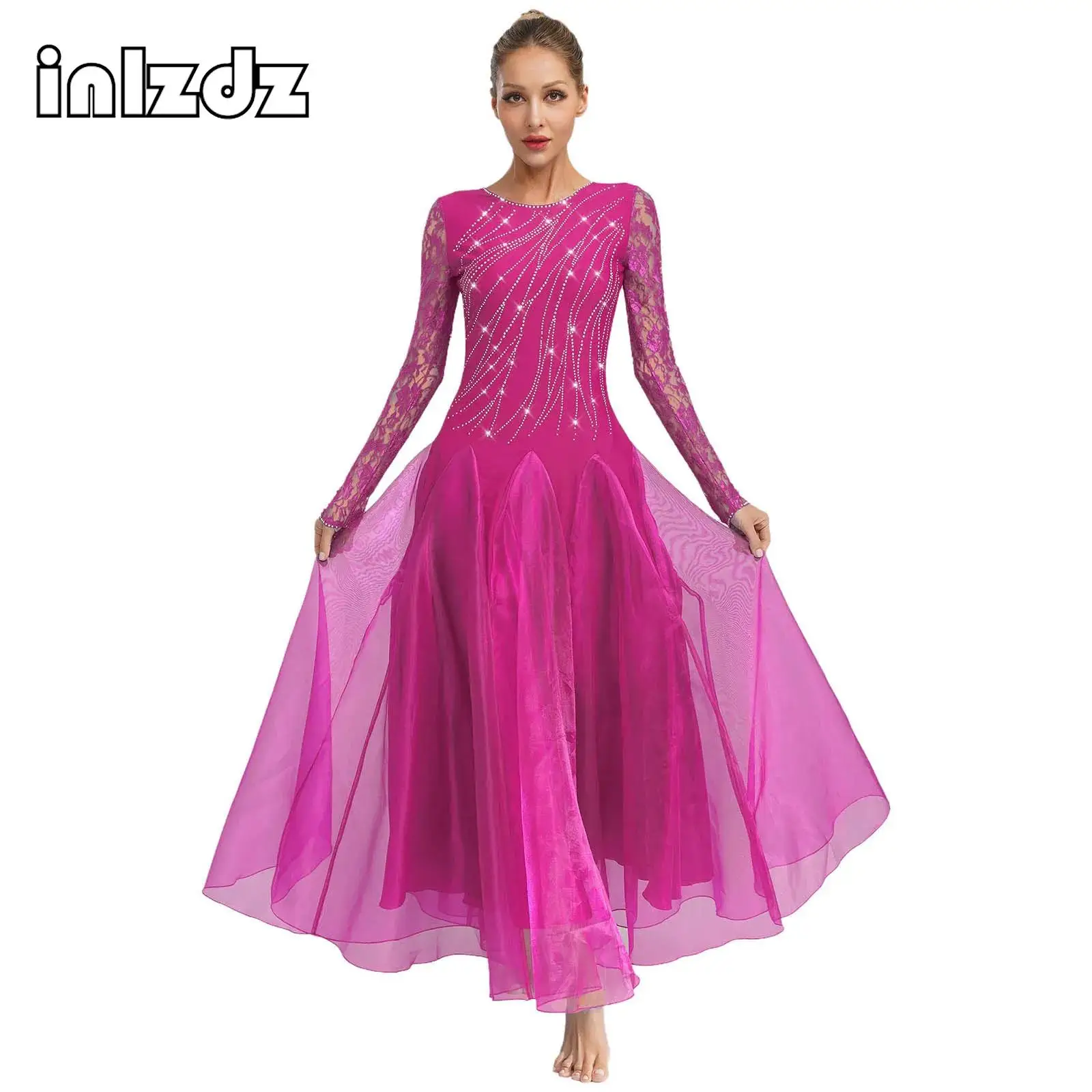 

Women Glittery Rhinestones Ballroom Dance Dresses Floral Lace Long Sleeves Round Neck V-Back Wide Hemline Flared Dress for Waltz