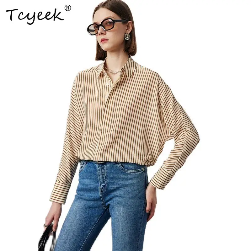 

Tcyeek, 6A 100%Real Silk Elegant Shirt, Women Long Sleeve Striped, French Commute Casual Blouse, 2024 Summer Autumn T47656QC