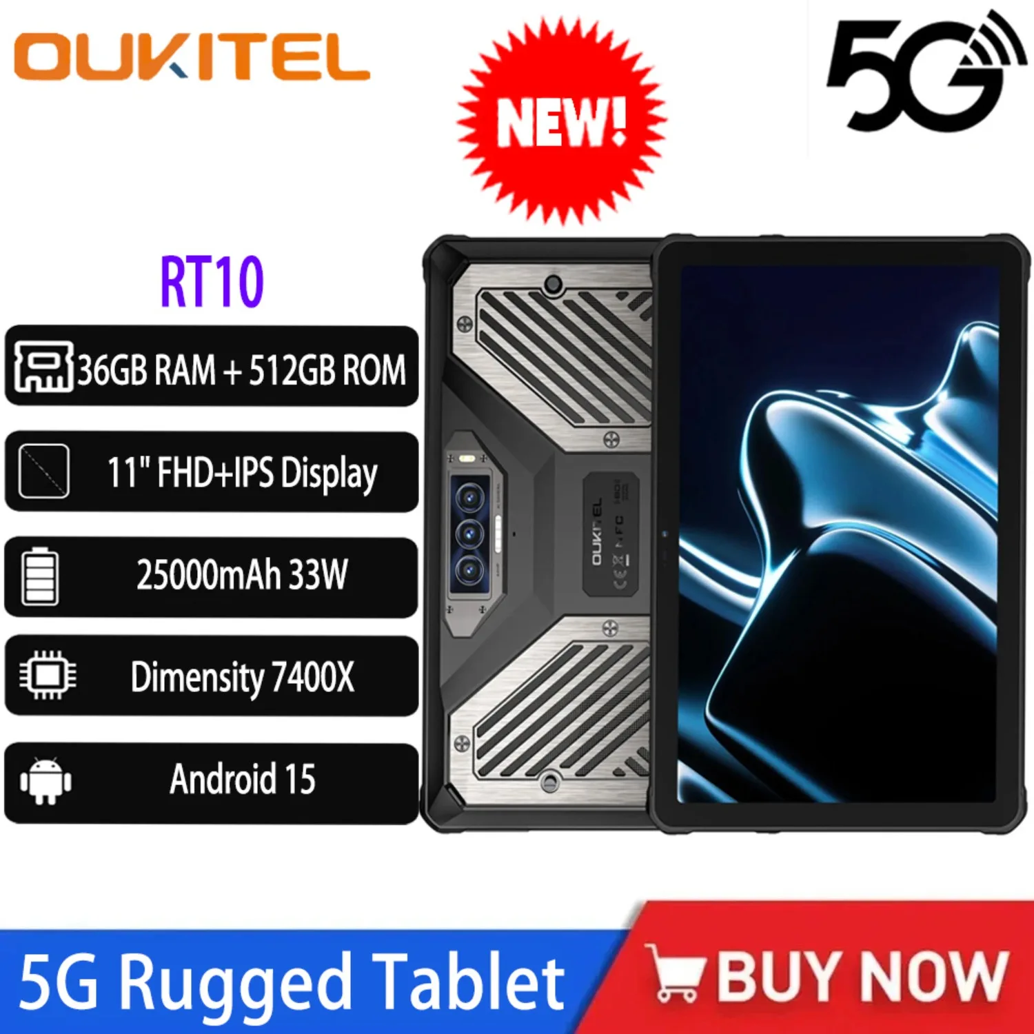 NEW OUKITEL RT10 5G Rugged Tablet 25000mAh 11inch FHD+IPS 12GB(+24GB) 512GB MTK 7400X 64MP Camera Android 15 Tablets with Stand