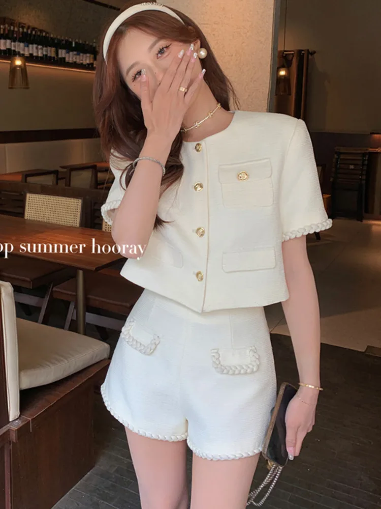 High Street French Fashion Small Fragrant Two Piece Set For Women Summer Jacket Coat + Short Suit Korean Sweet 2 Piece Pant Sets