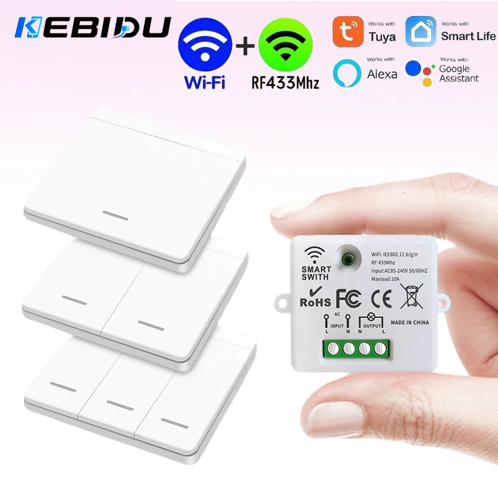 KEBIDU WIFI Mini-Schalter Tuya Smart Life APP Druckknopf-Lichtschalter RF 433Mhz Wandpanel-Relaismodul Timer Google Home Alexa