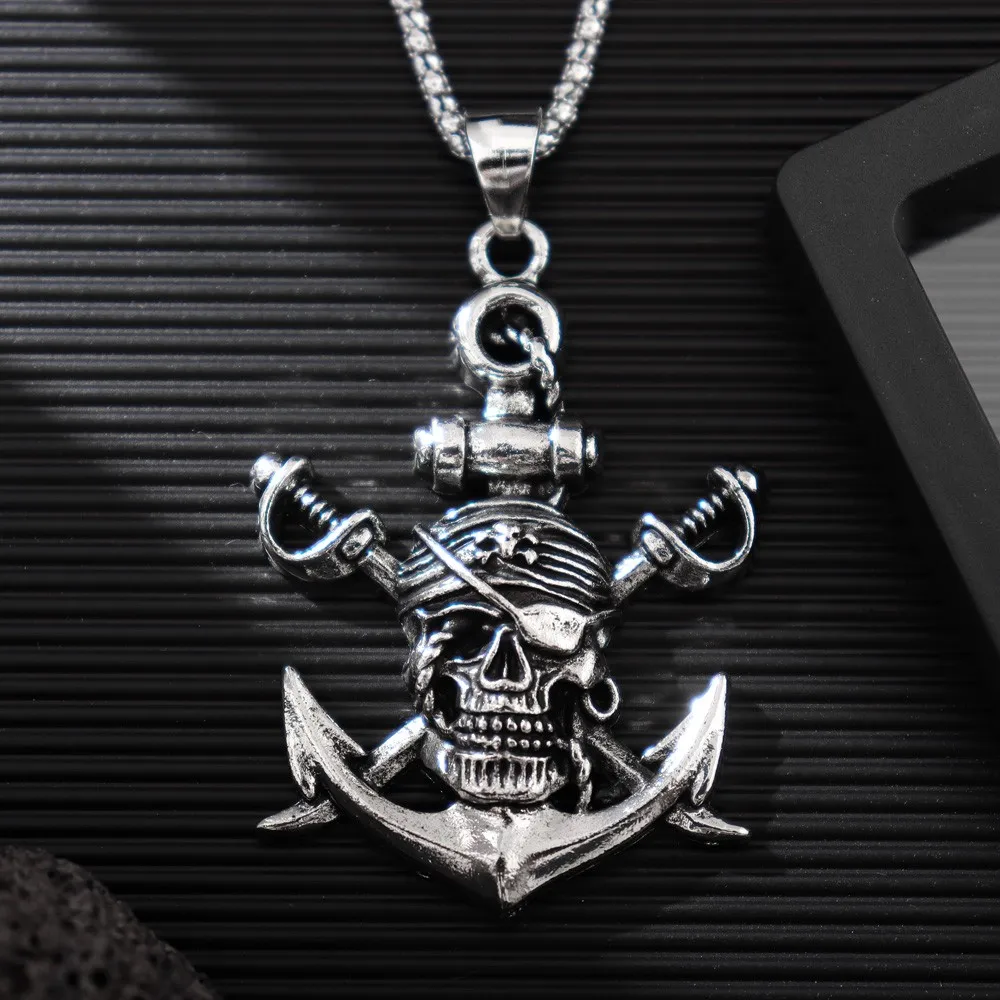 Vintage Double Sword Pirate Titanium Steel Men's Pendant Necklace Retro Halloween Skull Ghost Head Anchor Necklace Accessories