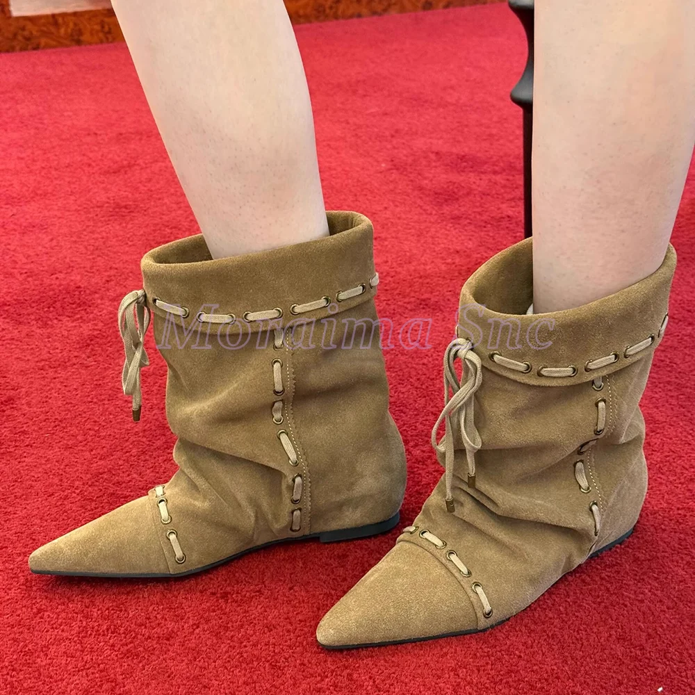 

Suede Leather Pointed Toe Ankle Boots Drawstring Design Pleated Fashion Height Increasing Women Boots Western Cowboy Boots 2025