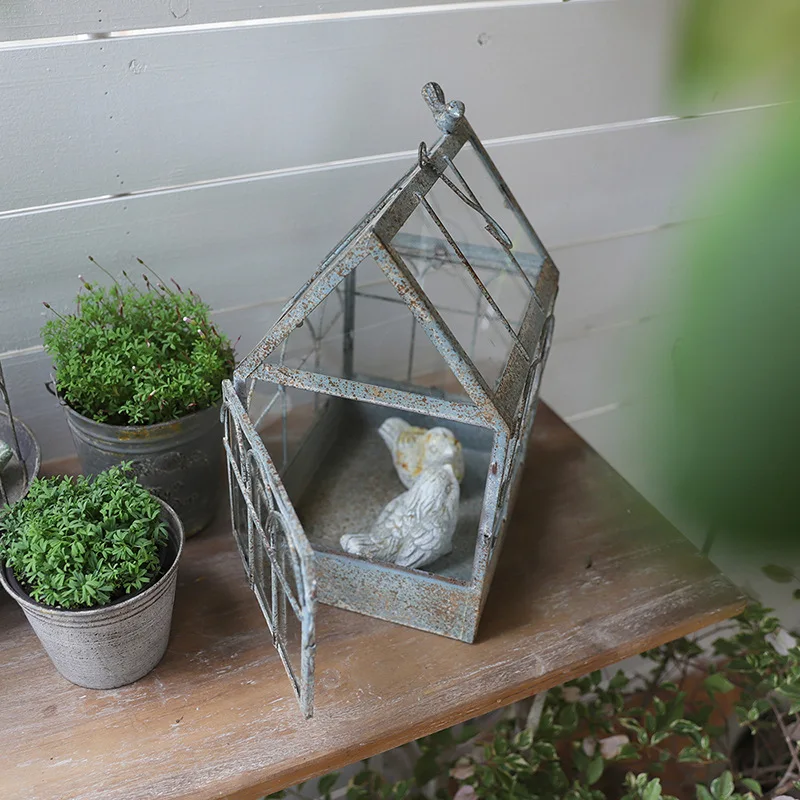 Old wrought iron glass flower house floor-to-ceiling sun greenhouse small house retro micro-landscape flower pot creative greenh