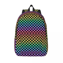 Rainbow And Black Checkerboard Backpack for Men Women Casual High School Work Daypack Neon Colorful College Shoulder Bag Outdoor