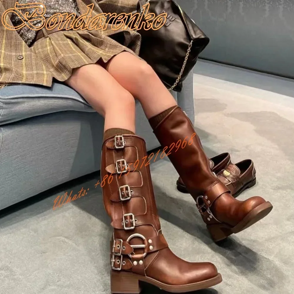 

Belt Buckles Knee High Boots Round Toe Leather Chunky Heels Metal Decor Women Sexy Boots New Style Winter Party Designer Shoes