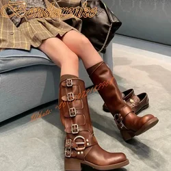 Belt Buckles Knee High Boots Round Toe Leather Chunky Heels Metal Decor Women Sexy Boots New Style Winter Party Designer Shoes