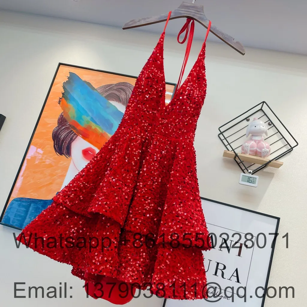 Roze Korte Prom Dresses Backless Tiered Rok Rekbaar Pailletten Verjaardag Partij Jassen Voor Avond Robe De Soiree Groothandel